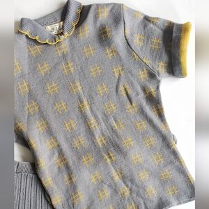 1930s 1940s Grey Mustard Yellow Vintage Wool Knit Skirt Top Scallop Collar Set